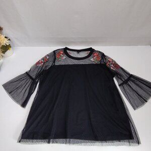 Torrid Black Floral Embroidered Mesh Tunic Top 3/4 Bell Sleeves Women's Size 1